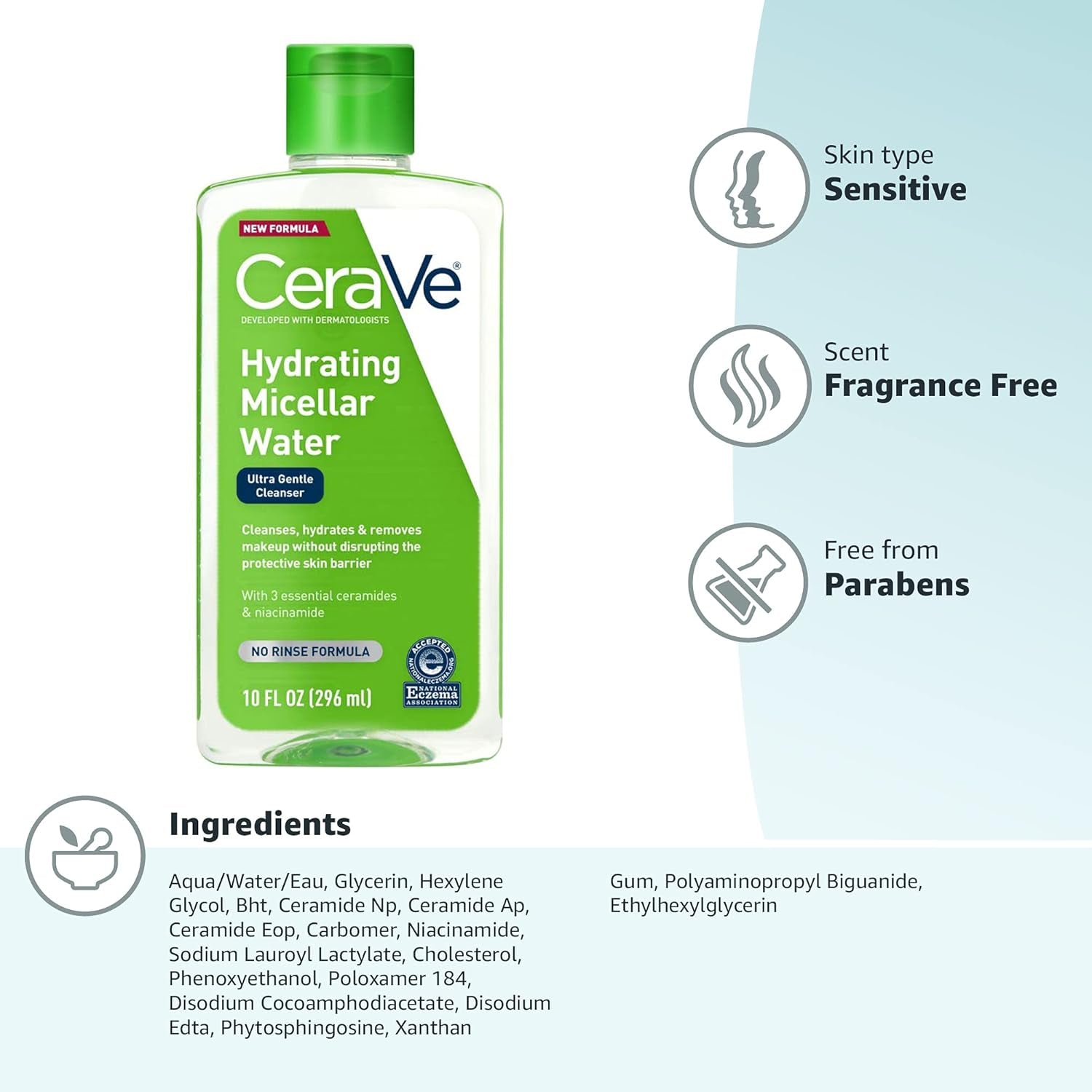 Micellar Water, Hydrating Facial Cleanser & Eye Makeup Remover with Niacinamide, Ceramides & Glycerin, Fragrance-Free & Non-Irritating, 10 Fluid Ounces